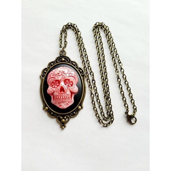 Bronze Red Metallic Sugar Skull Day of the Dead Gothic Rockabilly Cameo Necklace - Picture 2 of 4